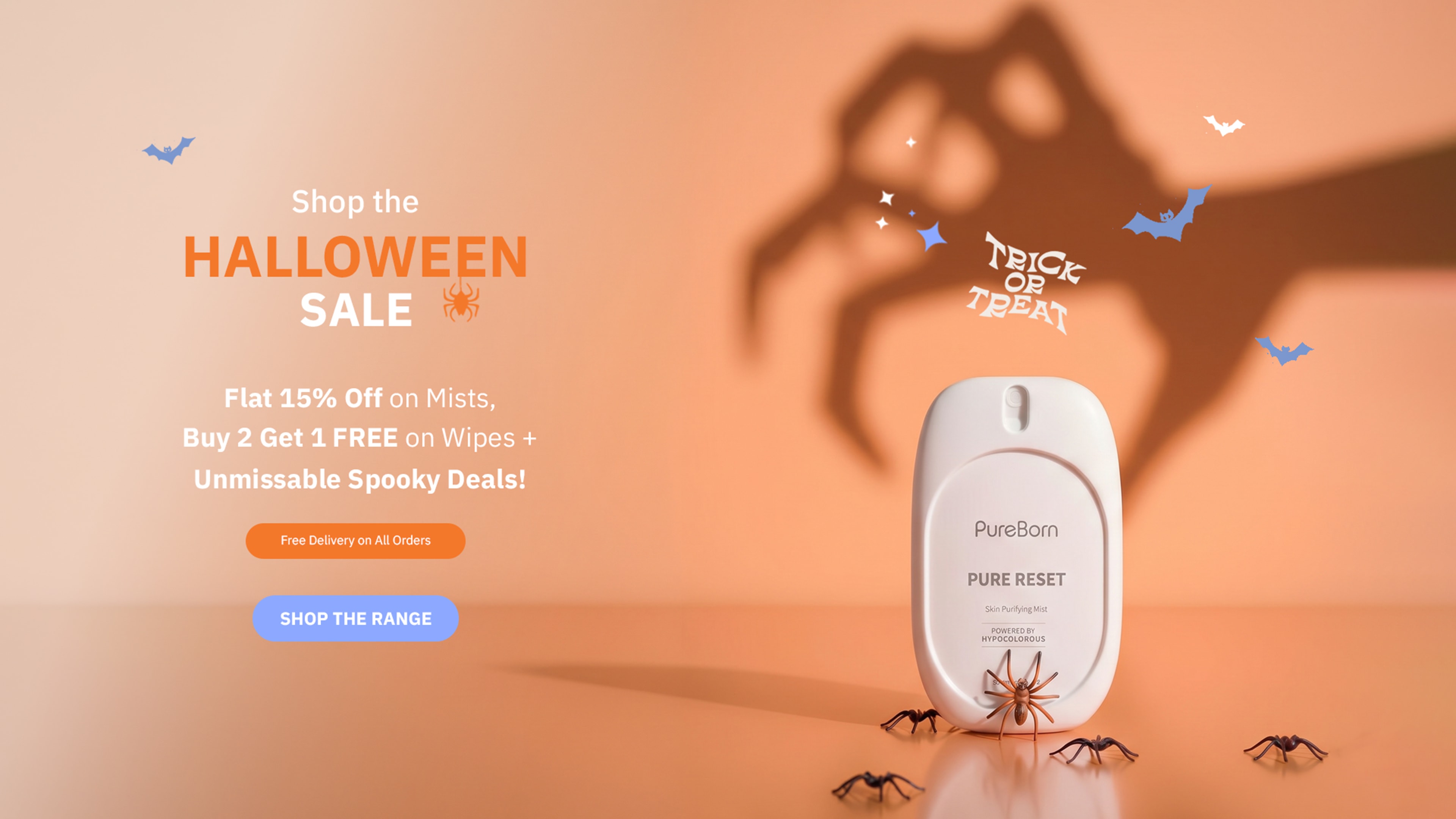 Shop the Halloween sale — flat 15% off on mists, buy 2 get 1 free on wipes, plus unmissable spooky deals. Free delivery on all orders. Shop the range