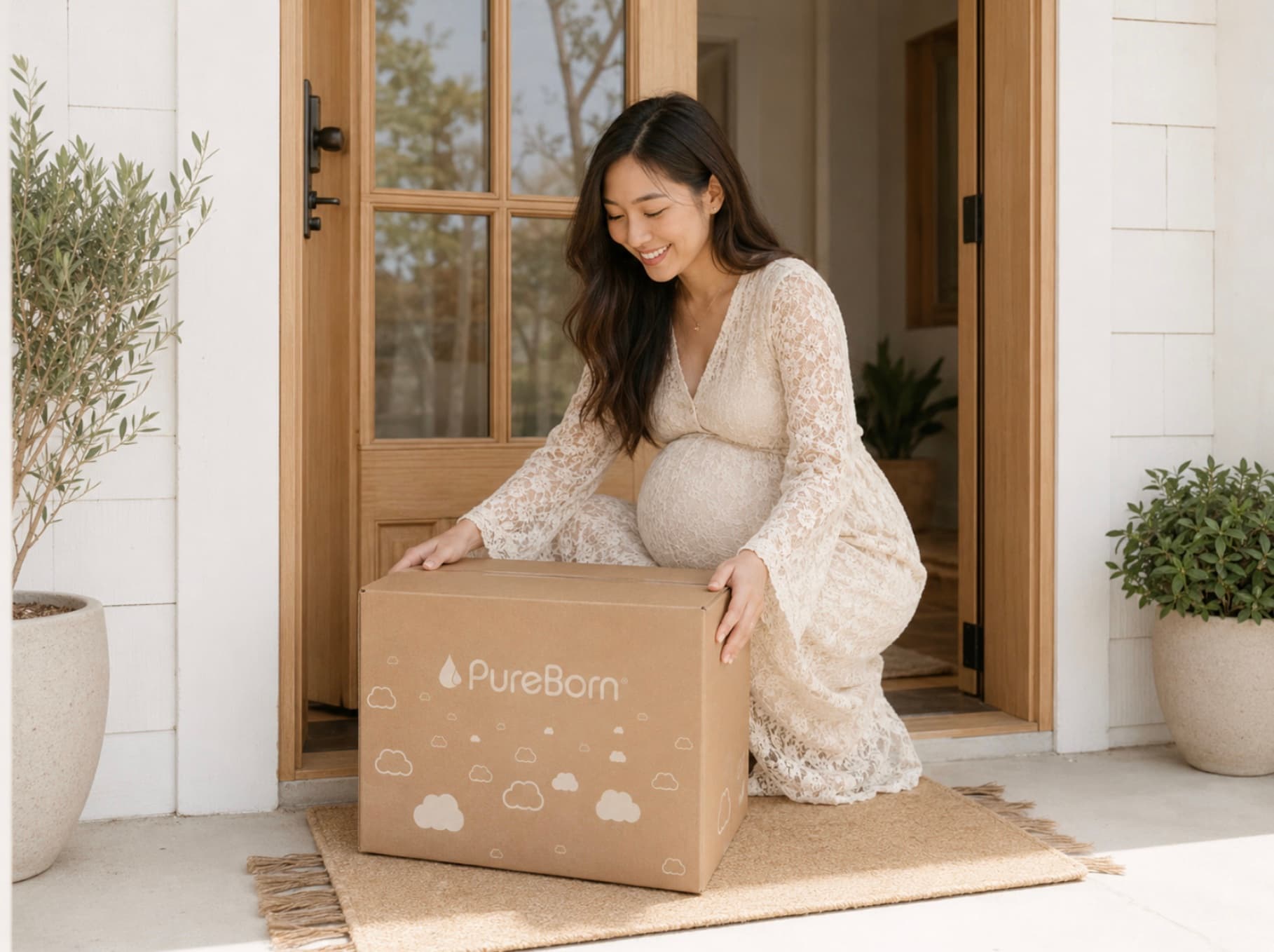 Expecting mother kneeling to open a PureBorn subscription box at her front door