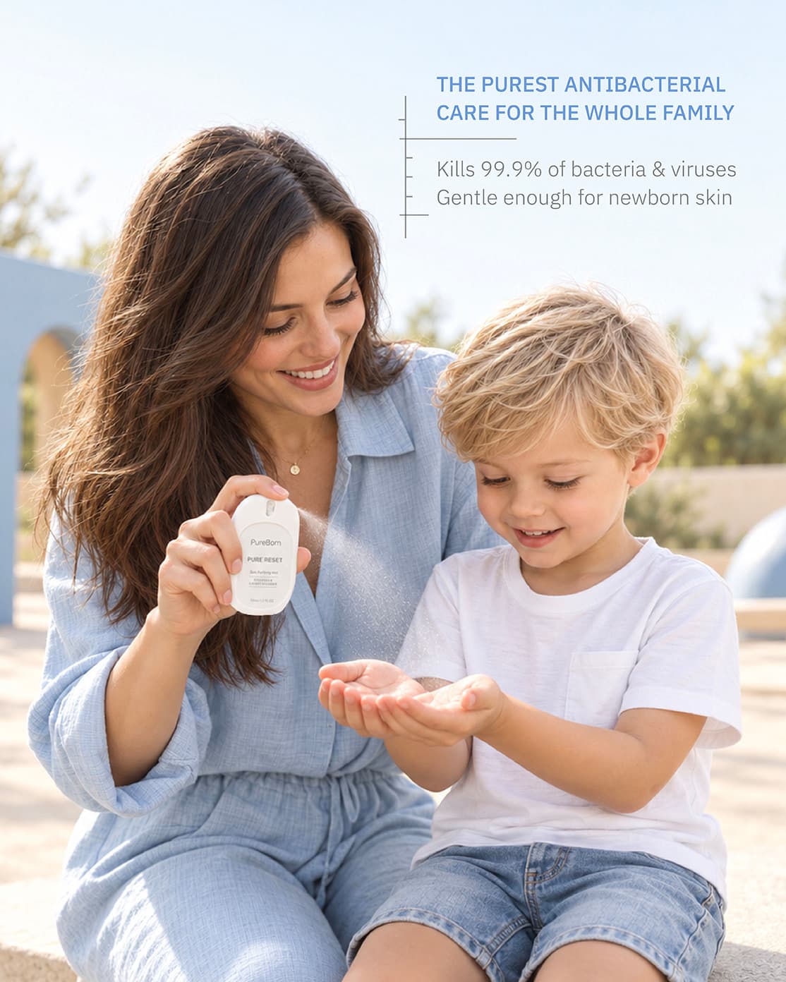 Mother spraying Pure Reset Skin Purifying Mist onto her son's hands